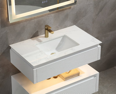 36 in. Floating Bathroom Vanity Set in White with Lights and White Marble Countertop