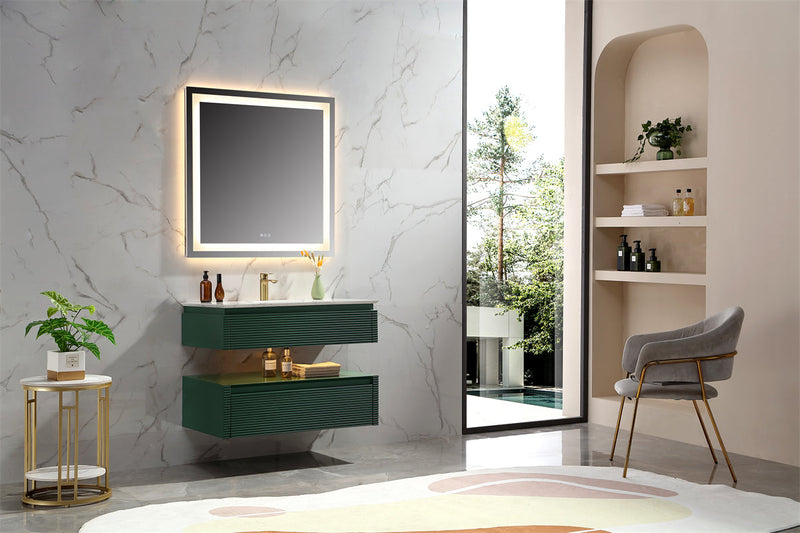 36 in. Floating Bathroom Vanity Set in Green with Lights and White Marble Countertop