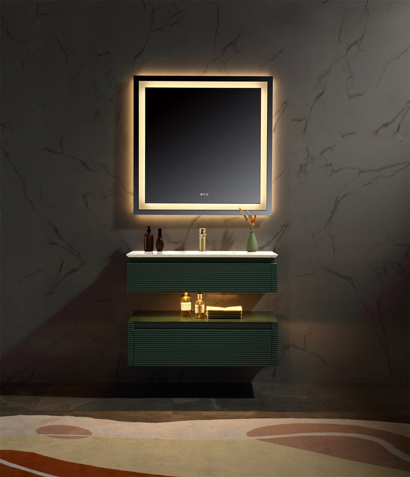 36 in. Floating Bathroom Vanity Set in Green with Lights and White Marble Countertop