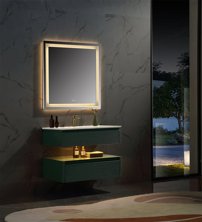 36 in. Floating Bathroom Vanity Set in Green with Lights and White Marble Countertop