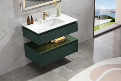 36 in. Floating Bathroom Vanity Set in Green with Lights and White Marble Countertop