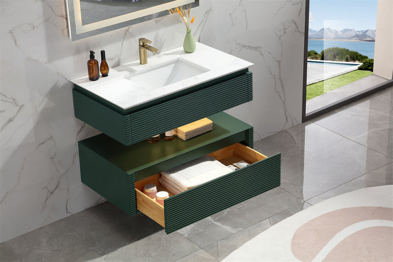 36 in. Floating Bathroom Vanity Set in Green with Lights and White Marble Countertop