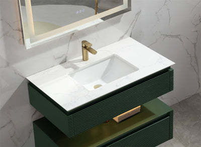 36 in. Floating Bathroom Vanity Set in Green with Lights and White Marble Countertop