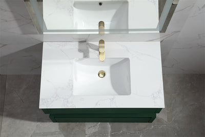 36 in. Floating Bathroom Vanity Set in Green with Lights and White Marble Countertop