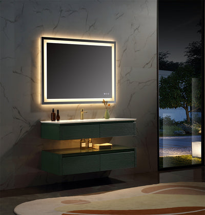 48 in. Floating Bathroom Vanity Set in Green with Lights and White Marble Countertop