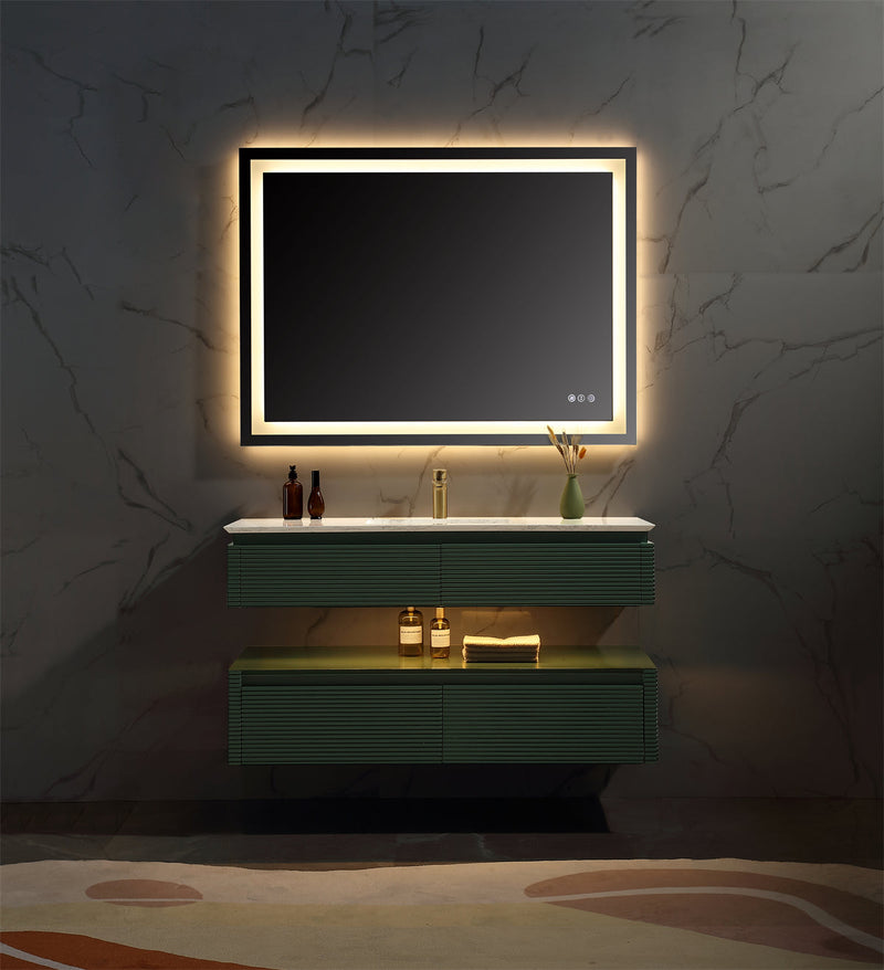 48 in. Floating Bathroom Vanity Set in Green with Lights and White Marble Countertop