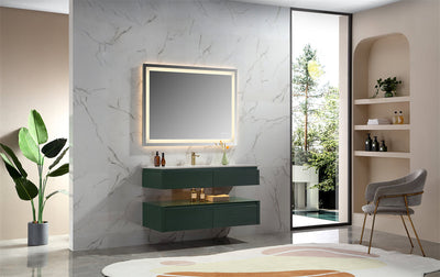 48 in. Floating Bathroom Vanity Set in Green with Lights and White Marble Countertop