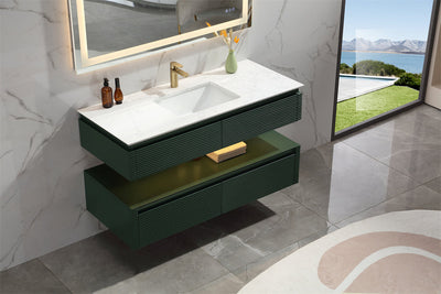 48 in. Floating Bathroom Vanity Set in Green with Lights and White Marble Countertop