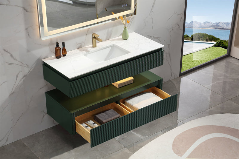 48 in. Floating Bathroom Vanity Set in Green with Lights and White Marble Countertop