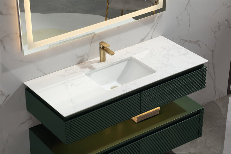 48 in. Floating Bathroom Vanity Set in Green with Lights and White Marble Countertop