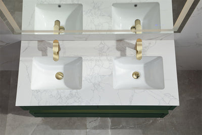 48 in. Floating Bathroom Vanity Set in Green with Lights and White Marble Countertop with Double Basin