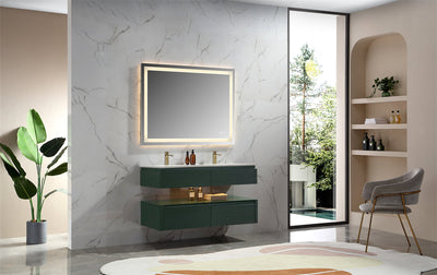 48 in. Floating Bathroom Vanity Set in Green with Lights and White Marble Countertop with Double Basin