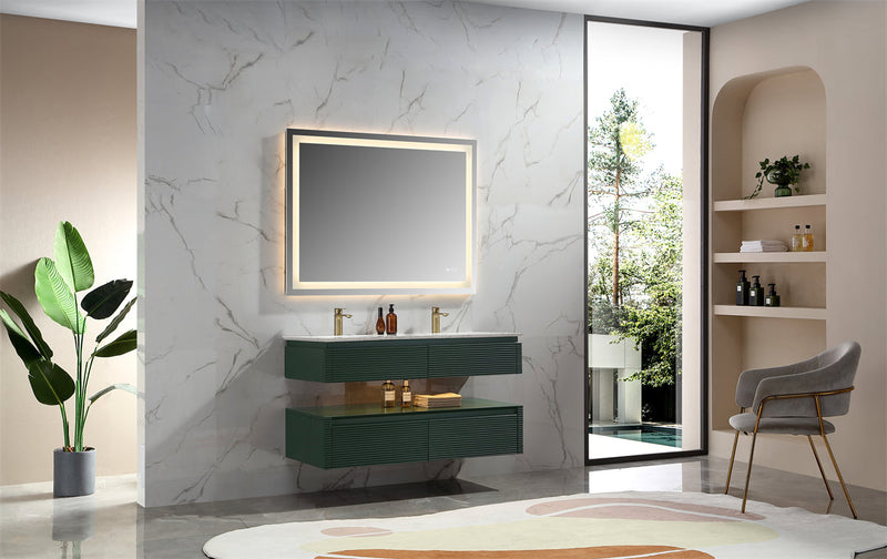 48 in. Floating Bathroom Vanity Set in Green with Lights and White Marble Countertop with Double Basin