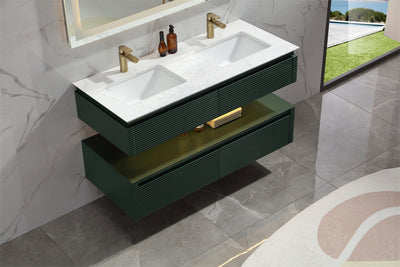 48 in. Floating Bathroom Vanity Set in Green with Lights and White Marble Countertop with Double Basin