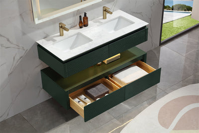 48 in. Floating Bathroom Vanity Set in Green with Lights and White Marble Countertop with Double Basin