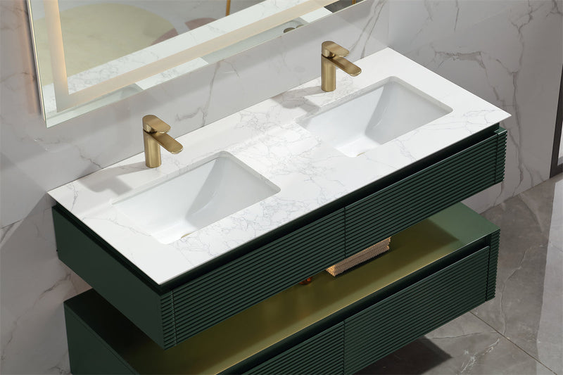 48 in. Floating Bathroom Vanity Set in Green with Lights and White Marble Countertop with Double Basin