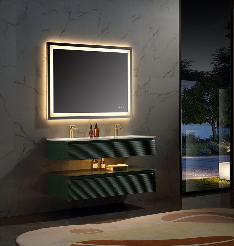 48 in. Floating Bathroom Vanity Set in Green with Lights and White Marble Countertop with Double Basin