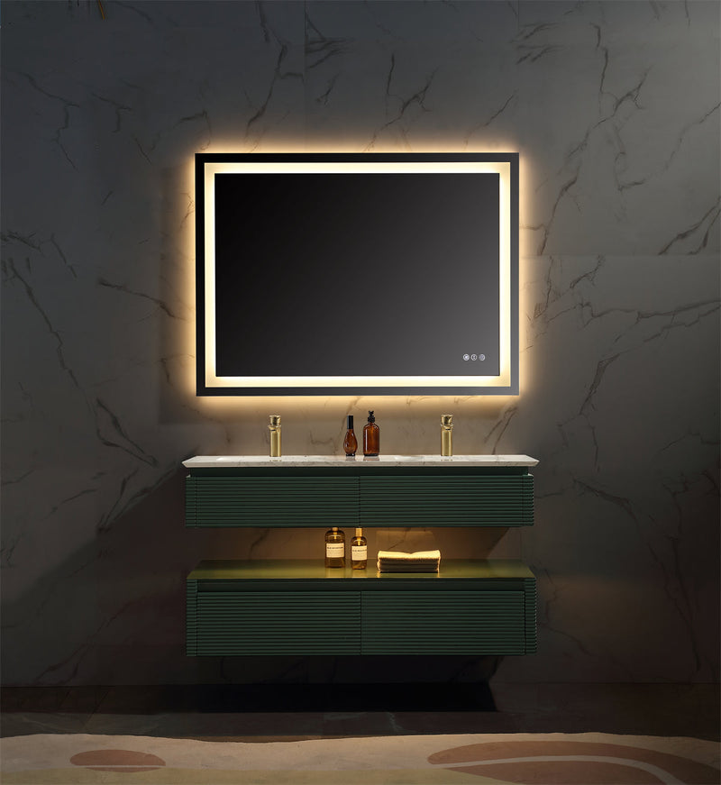 48 in. Floating Bathroom Vanity Set in Green with Lights and White Marble Countertop with Double Basin