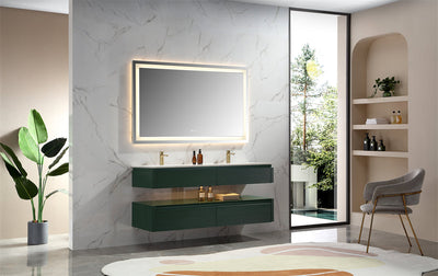 60 in. Floating Bathroom Vanity Set in Green with Lights and White Marble Countertop with Double Basin