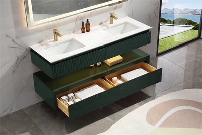 60 in. Floating Bathroom Vanity Set in Green with Lights and White Marble Countertop with Double Basin