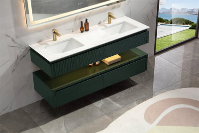 60 in. Floating Bathroom Vanity Set in Green with Lights and White Marble Countertop with Double Basin