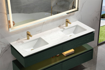 60 in. Floating Bathroom Vanity Set in Green with Lights and White Marble Countertop with Double Basin