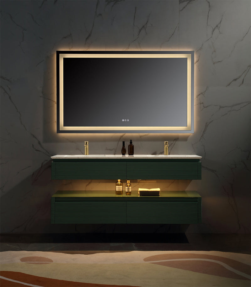 60 in. Floating Bathroom Vanity Set in Green with Lights and White Marble Countertop with Double Basin