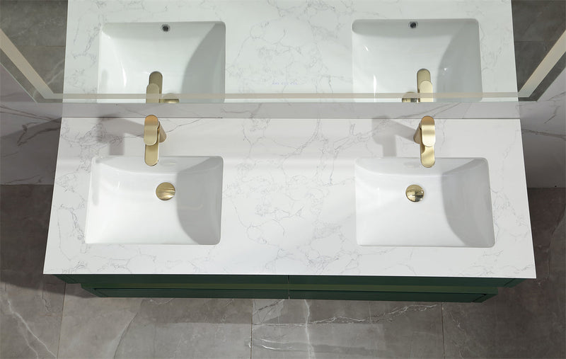 60 in. Floating Bathroom Vanity Set in Green with Lights and White Marble Countertop with Double Basin