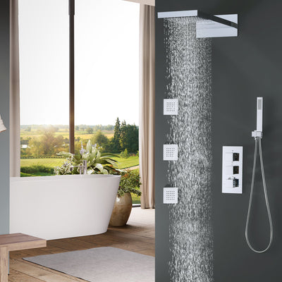 Wall Mounted Golden 3 Handle Thermostatic Shower System With 3 Body Jets