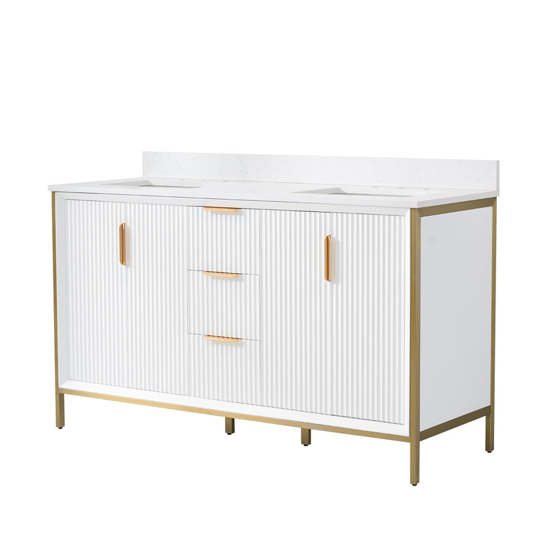 60 in. Bathroom Vanity in White with Quartz Vanity Top in Carrara