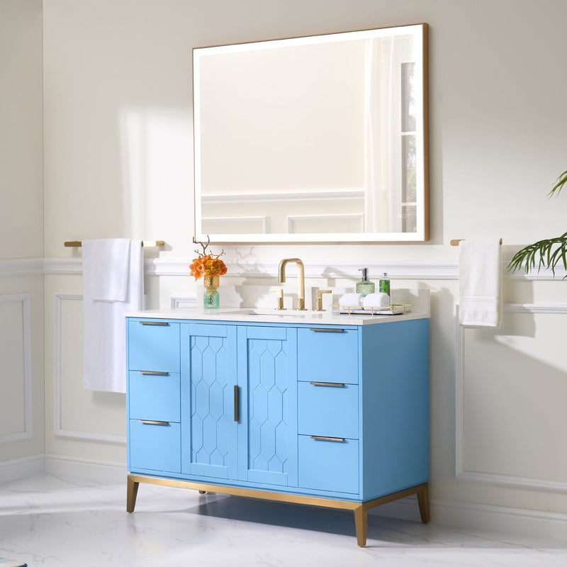 48 in. W x 22 in. D x 35 in. H Bathroom Vanity in Light Blue with Carrara White Quartz Vanity Top with White Sink