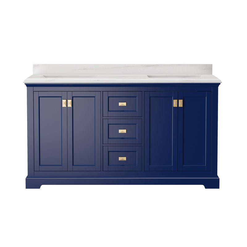 60-in Undermount Double Sinks Freestanding Bathroom Vanity with White Top in Navy Blue