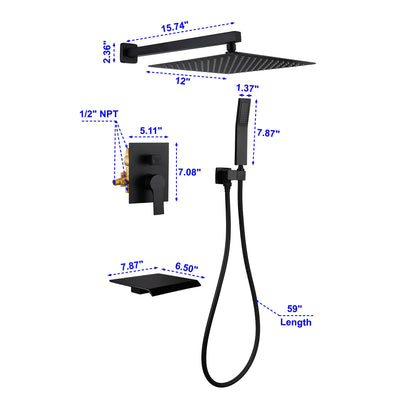 12 in. 3-Spray Patterns with 1.8 GPM Wall Mount Dual Shower Heads with Waterfall Spout