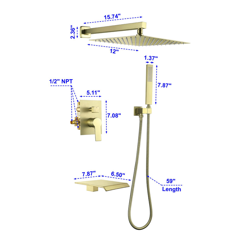 12 in. 3-Spray Patterns with 1.8 GPM Wall Mount Dual Shower Heads with Waterfall Spout