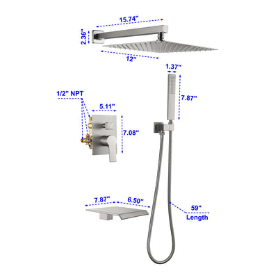 12 in. 3-Spray Patterns with 1.8 GPM Wall Mount Dual Shower Heads with Waterfall Spout