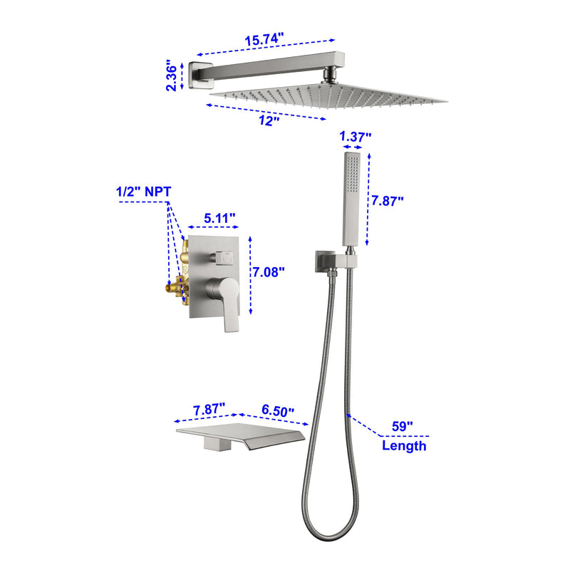 12 in. 3-Spray Patterns with 1.8 GPM Wall Mount Dual Shower Heads with Waterfall Spout