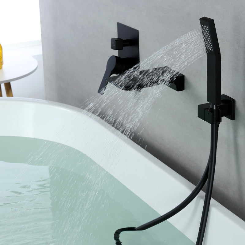 Single-Handle Wall-Mount Tub Faucet with Hand Shower and Waterfall Spout