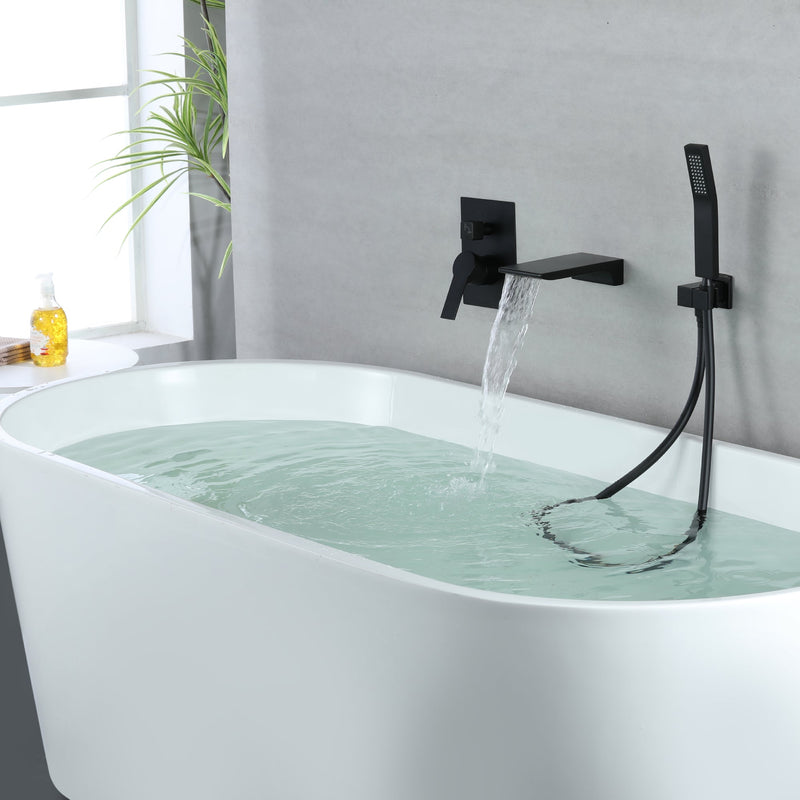 Single-Handle Wall-Mount Tub Faucet with Hand Shower and Waterfall Spout