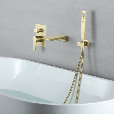 Single-Handle Wall-Mount Tub Faucet with Hand Shower and Waterfall Spout