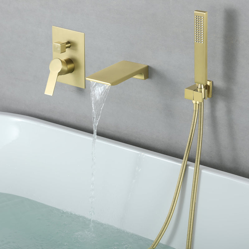 Single-Handle Wall-Mount Tub Faucet with Hand Shower and Waterfall Spout