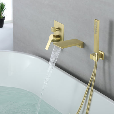 Single-Handle Wall-Mount Tub Faucet with Hand Shower and Waterfall Spout