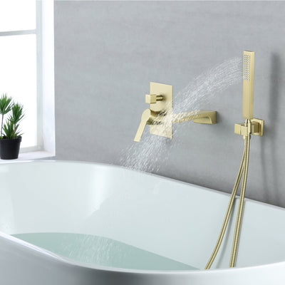 Single-Handle Wall-Mount Tub Faucet with Hand Shower and Waterfall Spout