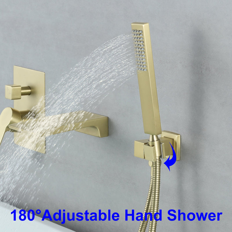 Single-Handle Wall-Mount Tub Faucet with Hand Shower and Waterfall Spout