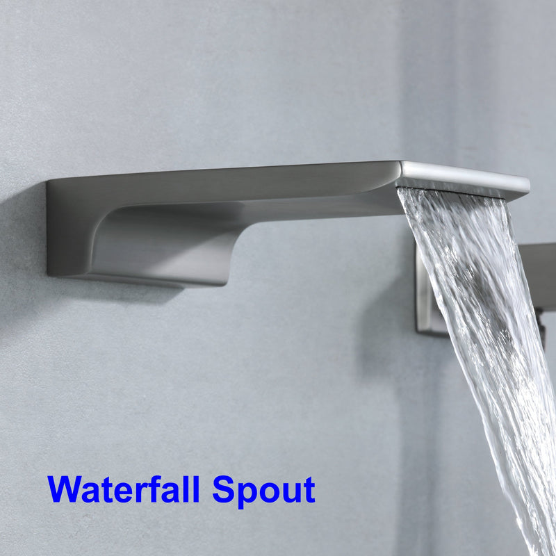 Single-Handle Wall-Mount Tub Faucet with Hand Shower and Waterfall Spout