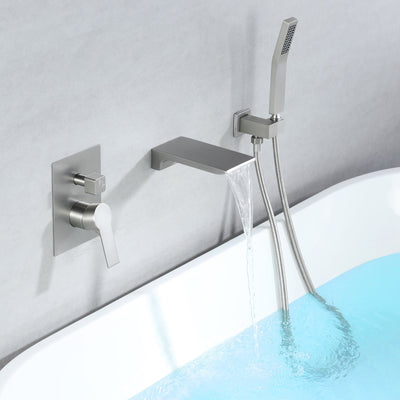 Single-Handle Wall-Mount Tub Faucet with Hand Shower and Waterfall Spout