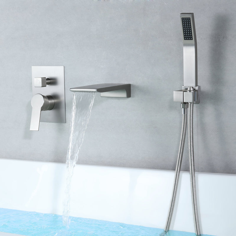 Single-Handle Wall-Mount Tub Faucet with Hand Shower and Waterfall Spout