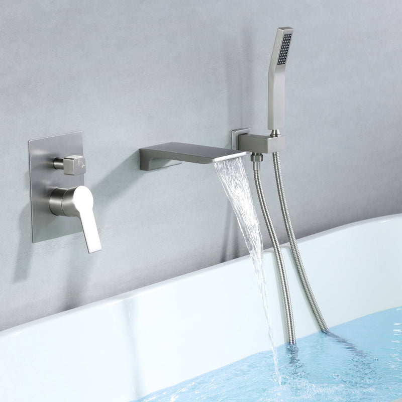 Single-Handle Wall-Mount Tub Faucet with Hand Shower and Waterfall Spout