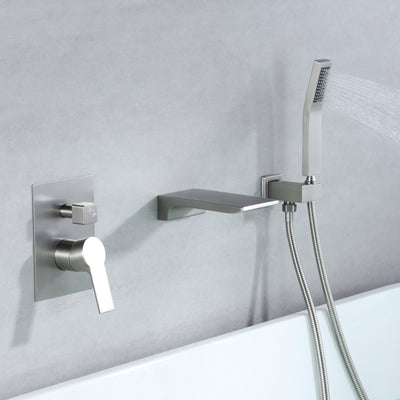 Single-Handle Wall-Mount Tub Faucet with Hand Shower and Waterfall Spout