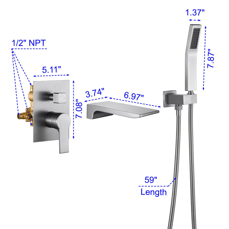 Single-Handle Wall-Mount Tub Faucet with Hand Shower and Waterfall Spout