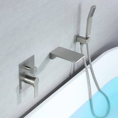 Single-Handle Wall-Mount Tub Faucet with Hand Shower and Waterfall Spout